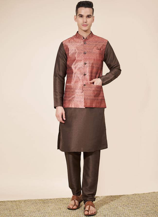 Pure Silk Brown Wedding Wear Printed Readymade Modi Jacket Kurta Pajama